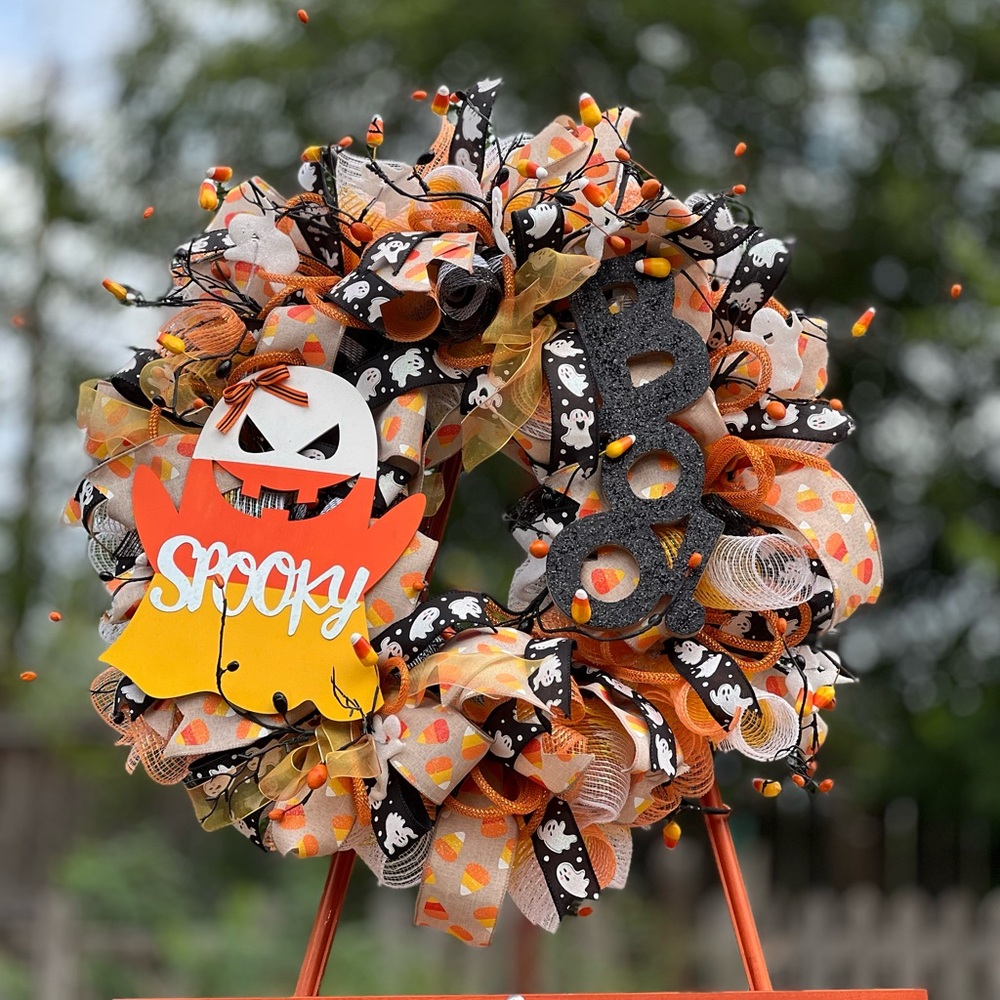 Halloween Candy Corn Thief Ghost Wreath 24”